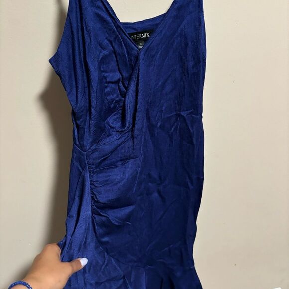 Intermix Royal Navy Blue Wrap Ruffle Dress Wool Blend- Size 8 - Picture 6 of 13